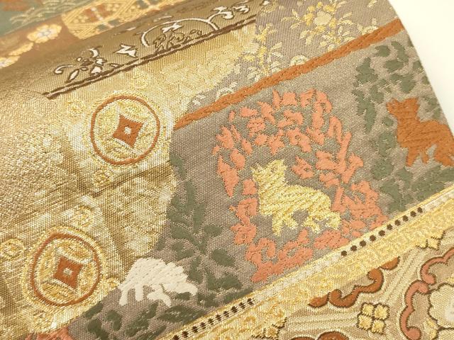 平和屋着物▼六通柄袋帯 唐織 名物裂 金糸 正絹 逸品 CAAU5790ak