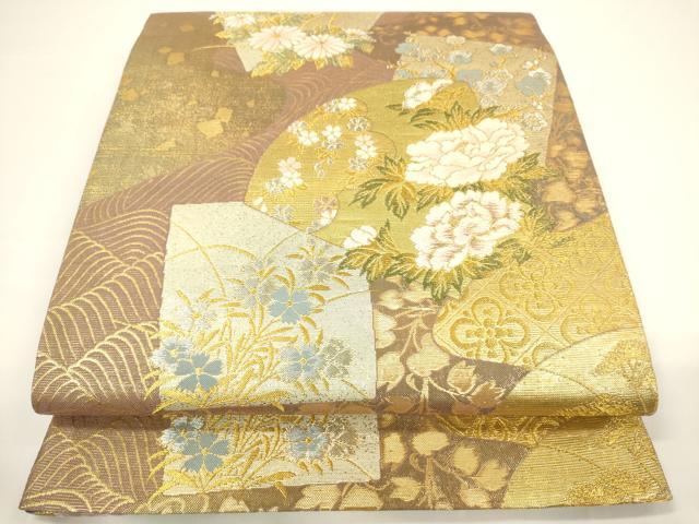 平和屋着物▼六通柄袋帯 唐織 地紙色紙吉祥草花文 金銀糸 正絹 逸品 CAAU5798ak