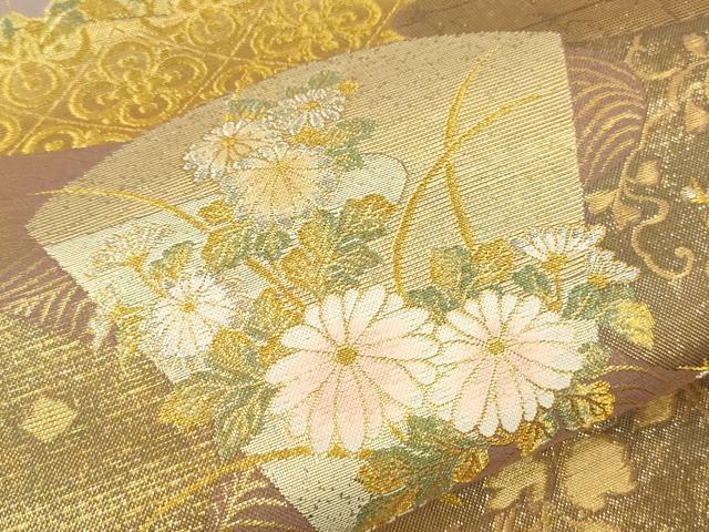 平和屋着物▼六通柄袋帯 唐織 地紙色紙吉祥草花文 金銀糸 正絹 逸品 CAAU5798ak