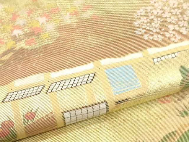 平和屋着物▼太鼓柄袋帯 風景文 金糸 正絹 逸品 CAAU5919ak