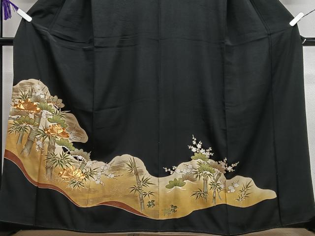 平和屋着物■豪華黒留袖 駒刺繍 松竹梅 金彩 正絹 逸品 CAAU6793xe