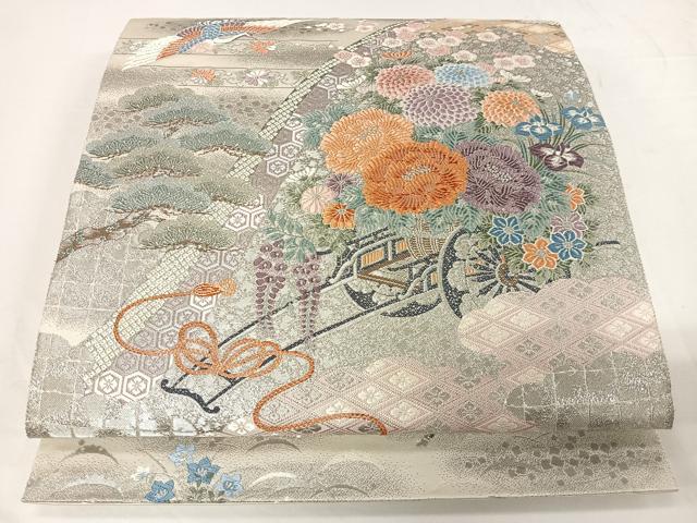 平和屋着物◎六通柄袋帯 唐織 飛鶴花文 銀糸 正絹 逸品 CAAU7180ua