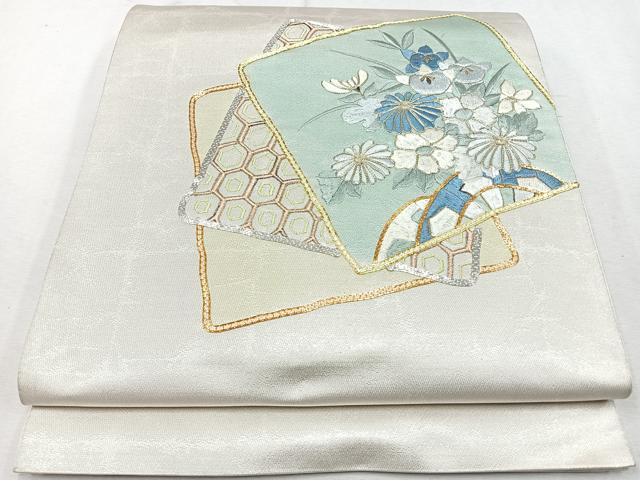 平和屋着物◎太鼓柄袋帯 総刺繍 駒刺繍 色紙花文 金糸 正絹 逸品 CAAU7447nb