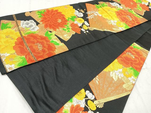 平和屋着物◎六通柄袋帯 唐織 扇面花文 黒地 金銀糸 正絹 逸品 CAAU7494nb
