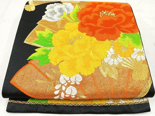 平和屋着物◎六通柄袋帯 唐織 扇面花文 黒地 金銀糸 正絹 逸品 CAAU7494nb