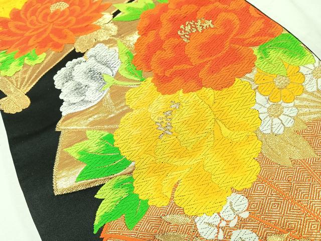 平和屋着物◎六通柄袋帯 唐織 扇面花文 黒地 金銀糸 正絹 逸品 CAAU7494nb