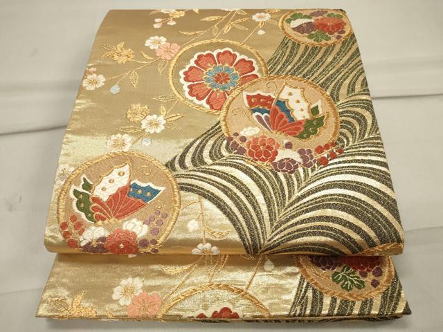 平和屋着物◎両面 六通柄袋帯 唐織 流水花蝶丸文 金糸 正絹 逸品 CAAU7616in