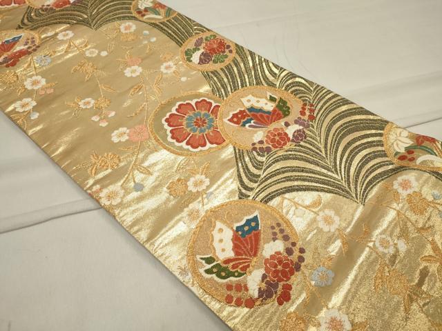 平和屋着物◎両面 六通柄袋帯 唐織 流水花蝶丸文 金糸 正絹 逸品 CAAU7616in