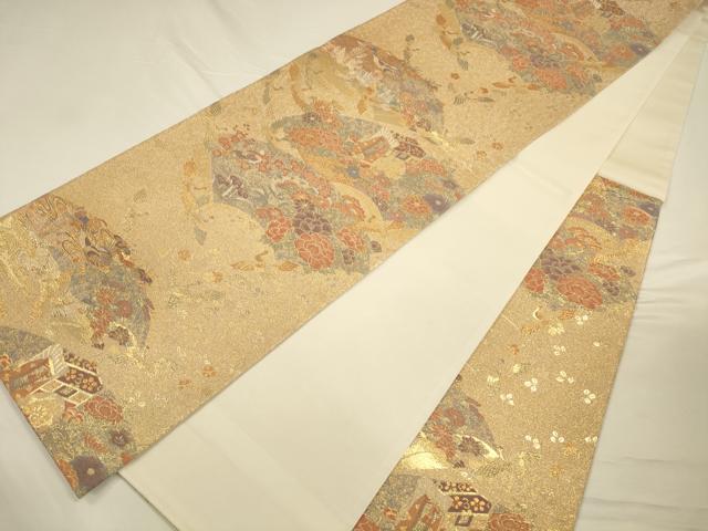 平和屋着物◎流水袋帯 地紙御所車花鳥文 金糸 正絹 逸品 CAAU8800ft