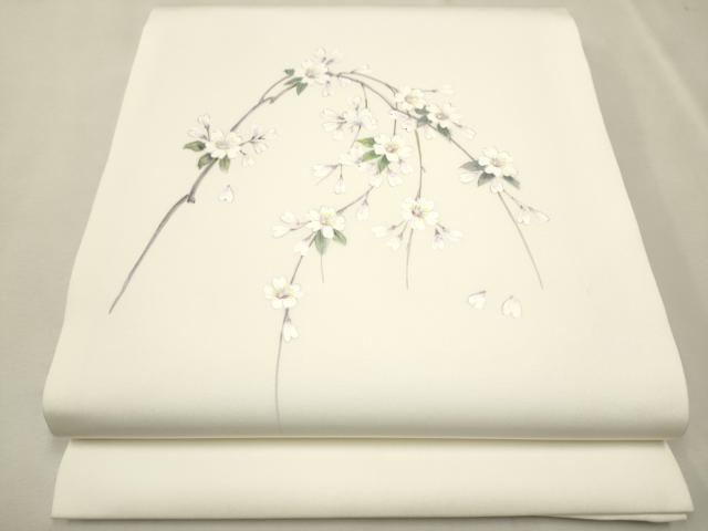 平和屋着物●塩瀬 九寸開き名古屋帯 手描き 枝垂れ桜文 正絹 逸品 CAAU9282hy