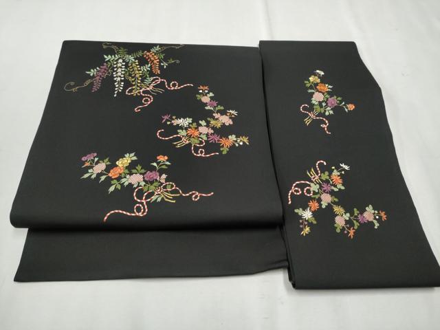 平和屋着物●塩瀬 つけ帯 総刺繍 草花文 黒地 金銀糸 正絹 逸品 CAAU9288hy
