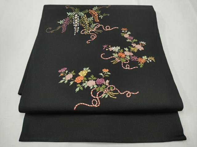 平和屋着物●塩瀬 つけ帯 総刺繍 草花文 黒地 金銀糸 正絹 逸品 CAAU9288hy