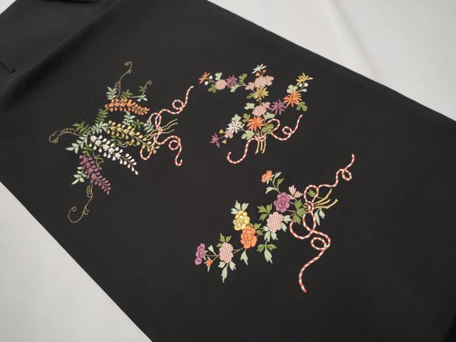 平和屋着物●塩瀬 つけ帯 総刺繍 草花文 黒地 金銀糸 正絹 逸品 CAAU9288hy