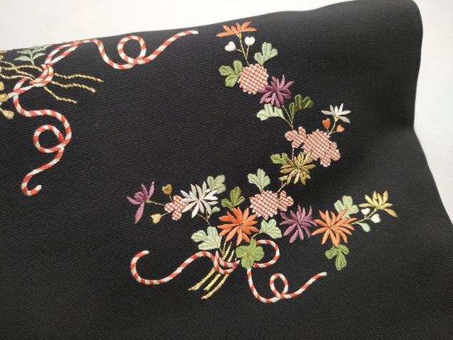 平和屋着物●塩瀬 つけ帯 総刺繍 草花文 黒地 金銀糸 正絹 逸品 CAAU9288hy
