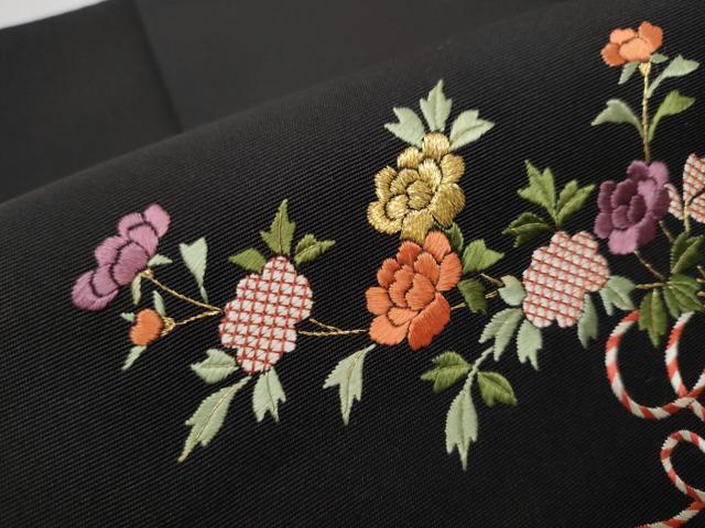 平和屋着物●塩瀬 つけ帯 総刺繍 草花文 黒地 金銀糸 正絹 逸品 CAAU9288hy
