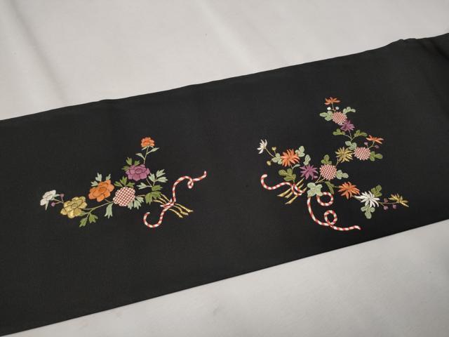 平和屋着物●塩瀬 つけ帯 総刺繍 草花文 黒地 金銀糸 正絹 逸品 CAAU9288hy