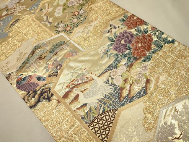 平和屋着物▼六通柄袋帯 唐織 屏風花鳥文 金糸 正絹 逸品 CAAU9365hy