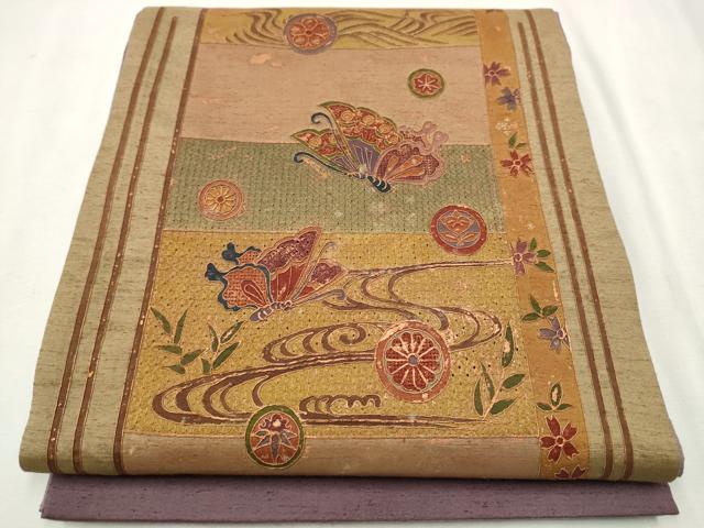 平和屋着物●中国三大刺繍 スワトウ刺繍 総刺繍 太鼓柄袋帯 紬地 流水花鳥文 金彩 正絹 逸品 CAAU9491hy