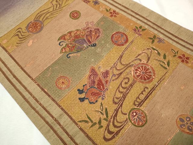 平和屋着物●中国三大刺繍 スワトウ刺繍 総刺繍 太鼓柄袋帯 紬地 流水花鳥文 金彩 正絹 逸品 CAAU9491hy