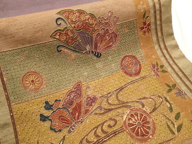 平和屋着物●中国三大刺繍 スワトウ刺繍 総刺繍 太鼓柄袋帯 紬地 流水花鳥文 金彩 正絹 逸品 CAAU9491hy