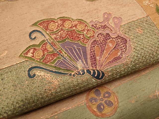 平和屋着物●中国三大刺繍 スワトウ刺繍 総刺繍 太鼓柄袋帯 紬地 流水花鳥文 金彩 正絹 逸品 CAAU9491hy