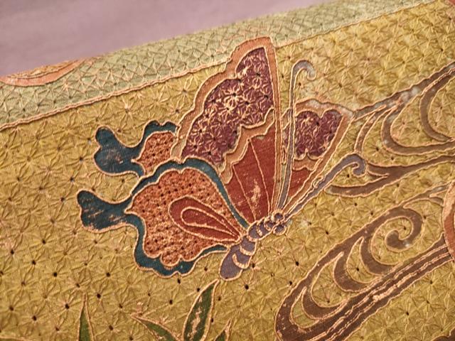 平和屋着物●中国三大刺繍 スワトウ刺繍 総刺繍 太鼓柄袋帯 紬地 流水花鳥文 金彩 正絹 逸品 CAAU9491hy