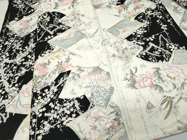 平和屋着物●創業460年・千總 振袖 冊子枝花文 黒地 金彩 正絹 逸品 CAAU9757vf