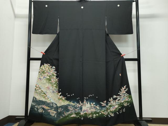 平和屋着物●本加賀友禅作家 柿本市郎 黒留袖 風景千鳥人物草花文 正絹 逸品 CAAU9914vf