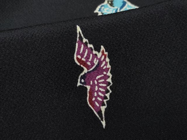 平和屋着物●上質な小紋 型染め 飛鳥文 黒地 鬼しぼ縮緬 正絹 逸品 CAAU9961vf