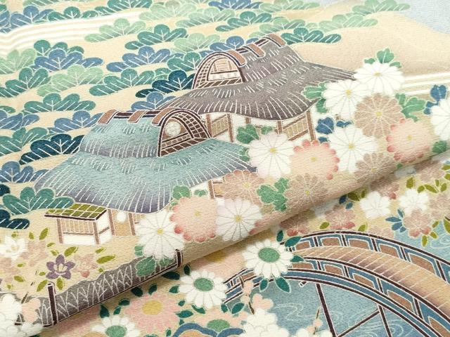 平和屋着物●訪問着 友禅 作家物 風景渡り橋草花文 正絹 逸品 CAAU9963vf