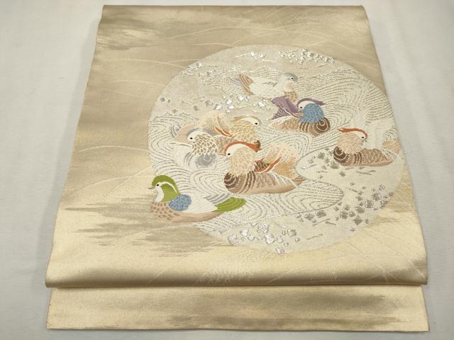 平和屋着物◎六通柄袋帯 流水鴛鴦花文 銀糸 正絹 逸品 CAAV0195qe