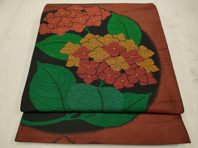 平和屋着物◎六通柄袋帯 紫陽花 黒地 正絹 逸品 CAAV0332qe