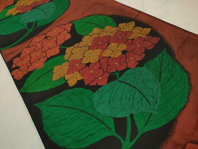 平和屋着物◎六通柄袋帯 紫陽花 黒地 正絹 逸品 CAAV0332qe