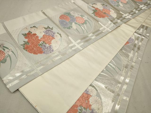 平和屋着物◎六通柄袋帯 唐織 天井花丸文 銀糸 正絹 逸品 CAAV0391qe