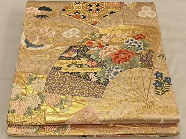 平和屋着物◎六通柄袋帯 扇面花鳥文 金糸 正絹 逸品 CAAV1633qv