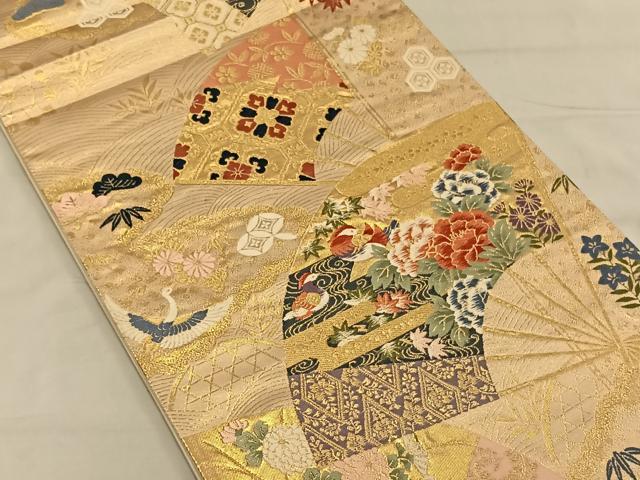 平和屋着物◎六通柄袋帯 扇面花鳥文 金糸 正絹 逸品 CAAV1633qv