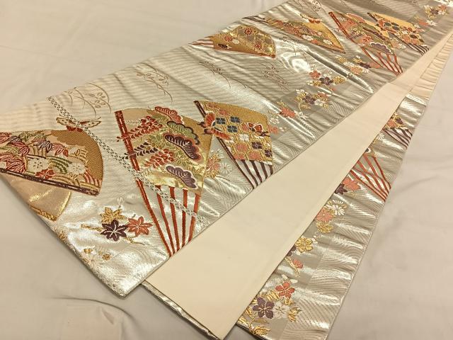 平和屋着物◎六通柄袋帯 唐織 扇面花蝶文 金銀糸 正絹 逸品 CAAV1774qv