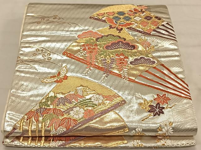 平和屋着物◎六通柄袋帯 唐織 扇面花蝶文 金銀糸 正絹 逸品 CAAV1774qv