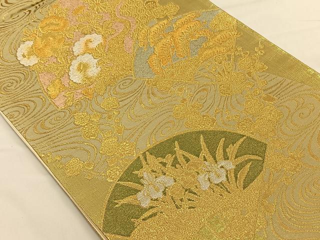 平和屋着物◎六通柄袋帯 扇面吉祥花文 金糸 正絹 逸品 CAAV1806qv