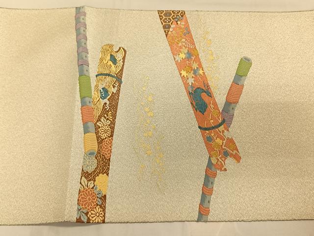 平和屋着物◎太鼓柄袋帯 綴れ 横笛動物花文 金銀糸 正絹 逸品 CAAV1811qv