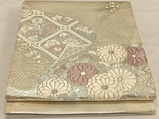 平和屋着物◎太鼓柄袋帯 駒刺繍 地紙吉祥花文 銀糸 正絹 逸品 CAAV1821qv