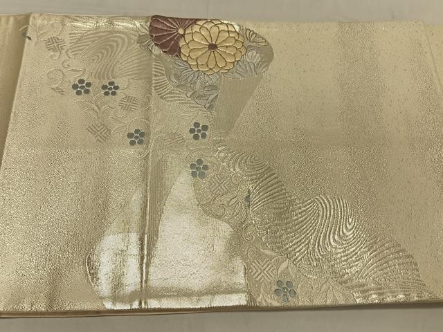 平和屋着物◎太鼓柄袋帯 駒刺繍 地紙吉祥花文 銀糸 正絹 逸品 CAAV1821qv