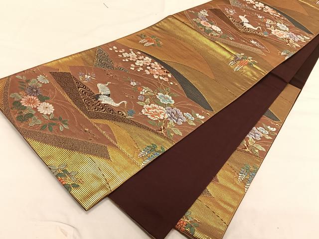 平和屋着物◎六通柄袋帯 唐織 地紙花鳥文 鶴 うるし箔 正絹 逸品 CAAV1839qv