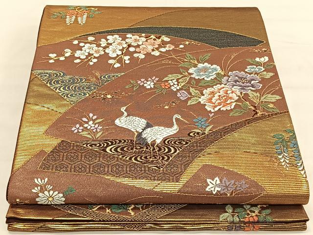 平和屋着物◎六通柄袋帯 唐織 地紙花鳥文 鶴 うるし箔 正絹 逸品 CAAV1839qv