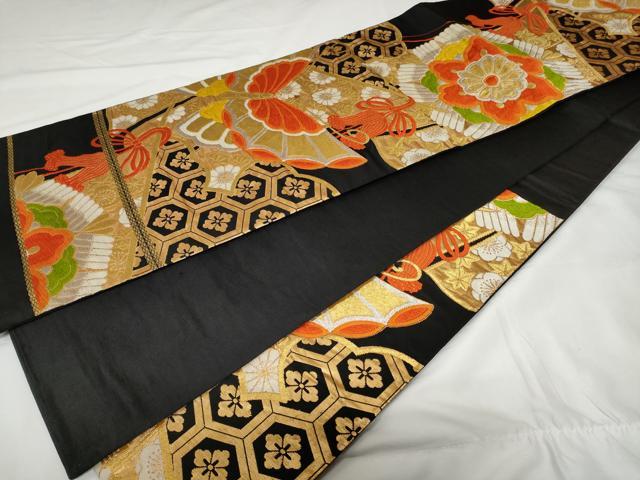 平和屋着物◎六通柄袋帯 唐織 吉祥花蝶文 黒地 金銀糸 正絹 逸品 CAAV2278ev