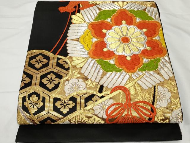 平和屋着物◎六通柄袋帯 唐織 吉祥花蝶文 黒地 金銀糸 正絹 逸品 CAAV2278ev