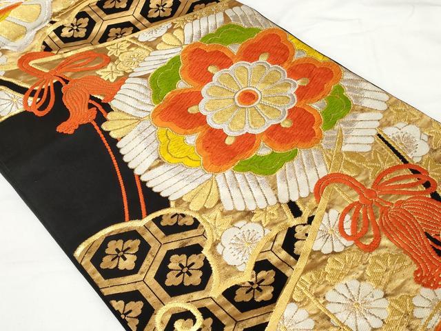 平和屋着物◎六通柄袋帯 唐織 吉祥花蝶文 黒地 金銀糸 正絹 逸品 CAAV2278ev