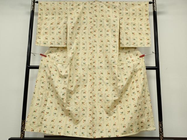 平和屋着物▽上質な紬 単衣 よろけ縞枝葉文 正絹 逸品 未使用 CAAV3163ut