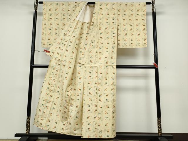 平和屋着物▽上質な紬 単衣 よろけ縞枝葉文 正絹 逸品 未使用 CAAV3163ut