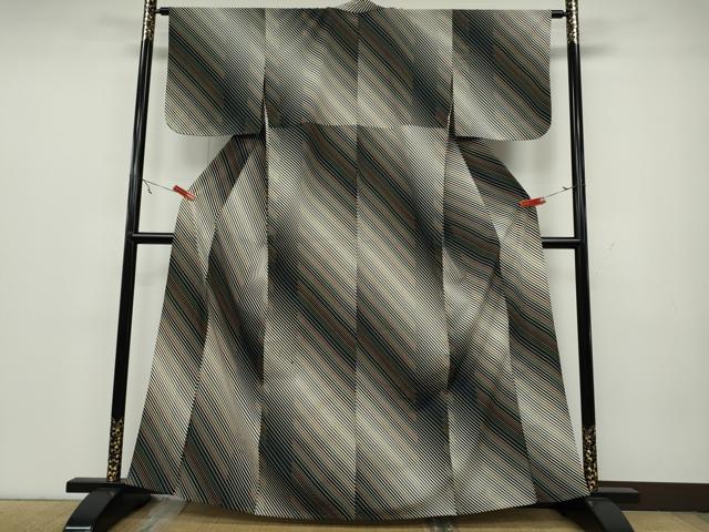 平和屋着物▽小紋 単衣 斜線文 黒地 洗える着物 CAAV3177ut